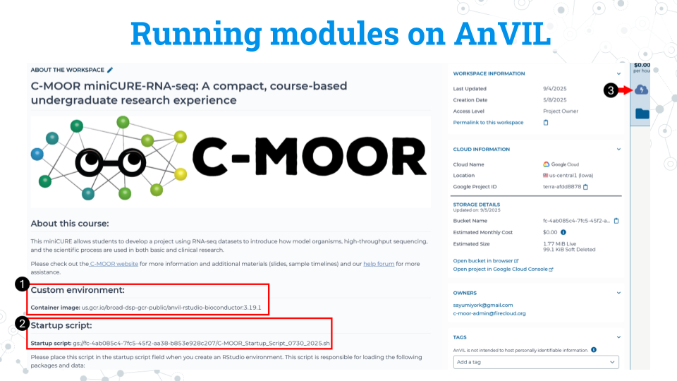 An image titled Running modules on AnVIL showing a C-MOOR workspace and red boxes showing the container image and start up script lines needed to create an environment.