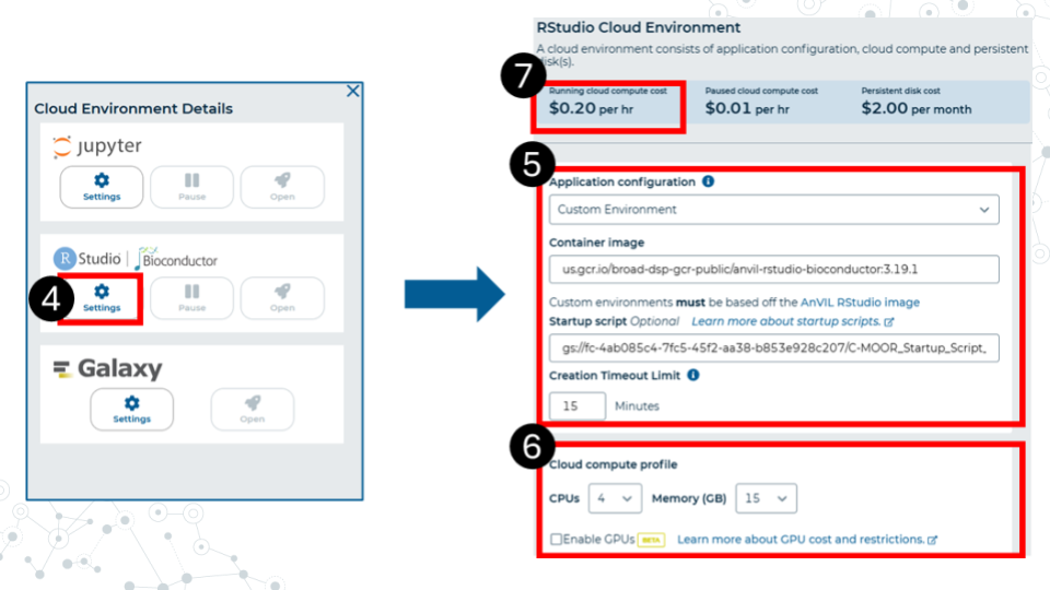 Image showing how to access the cloud environment and highlighting what settings with red boxes to adjust as per list below.