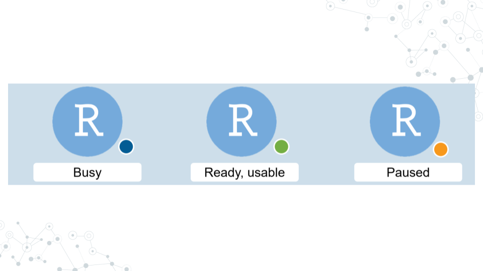 Image showing the RStudio environment lifecycle at different stages. Blue for busy, green for ready, and orange for paused.