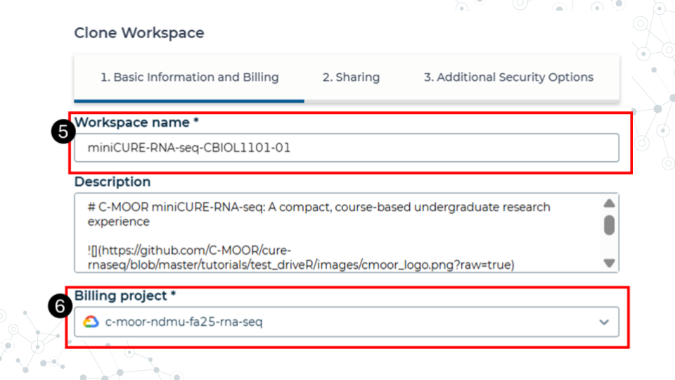 Image showing the Clone Workspace image in AnVIL with red boxes highlighting fields to change the workspace name and associated billing project.