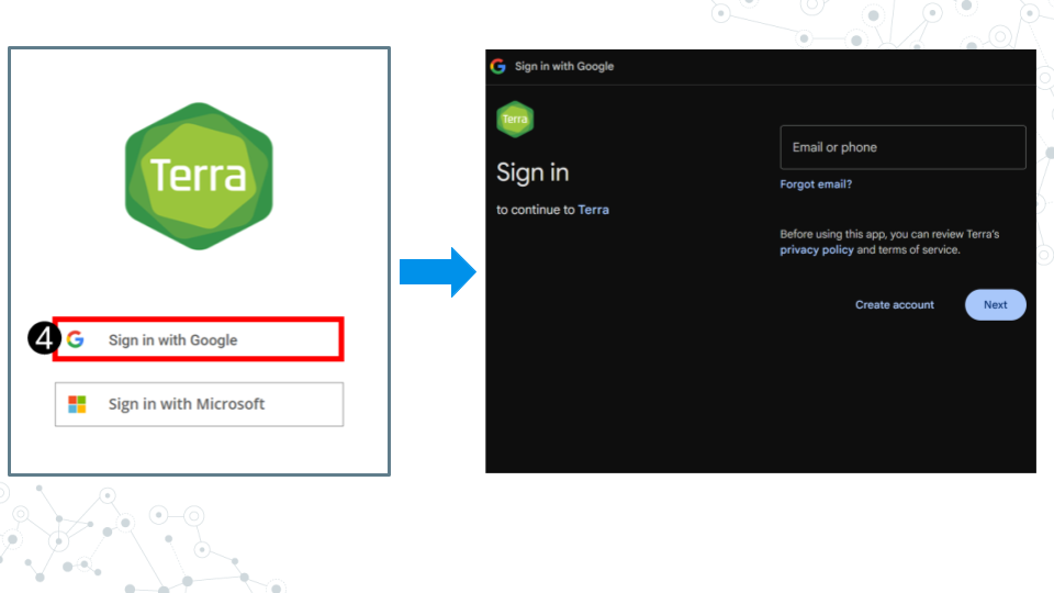 Screenshots of signing into Terra with a Google associated account.