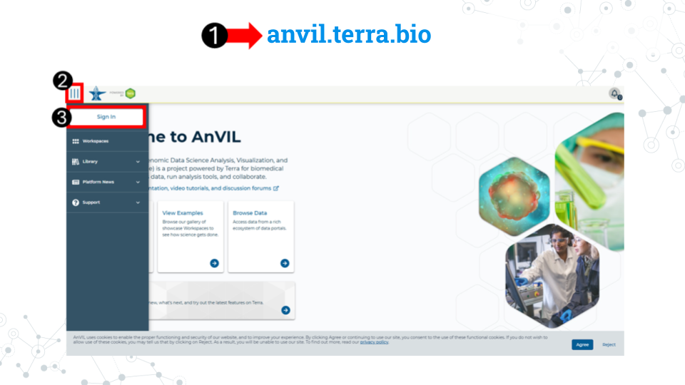 Image showing the AnVIL homescreen and accessing the sign in button through the hamburger icon in the top right corner of the page.