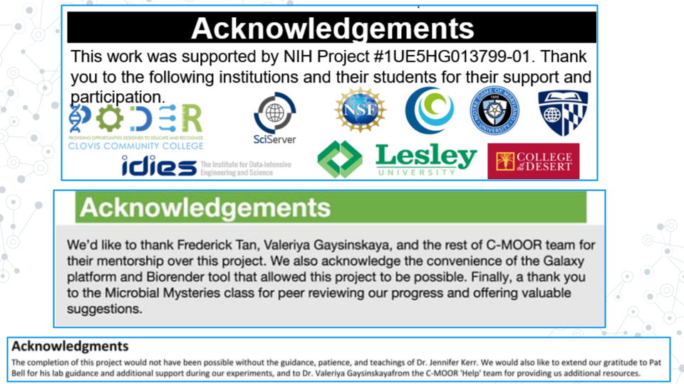 An image of 3 different acknowledgement sections from prior C-MOOR posters. All have a header that reads: Acknowledgements. One contains a grant number and icons from various supporting institutions.