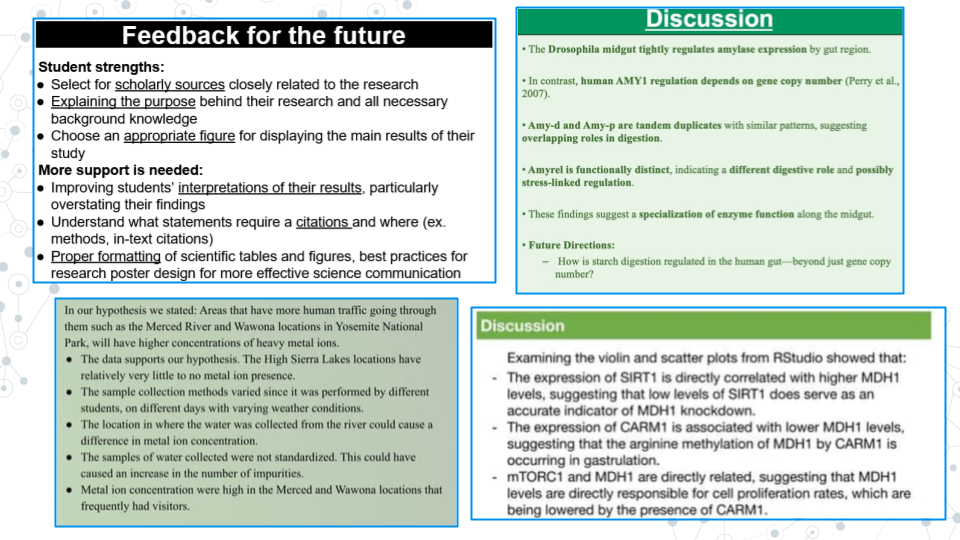 An image showing 4 example conclusion or discussion sections from prior C-MOOR posters. Some have headers, but the headers differ in style. One header is more descriptive and others just say Discussion. All 4 have text in bullet point form, some with references in them.