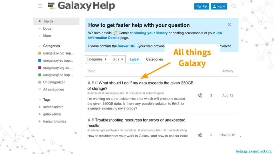 An image of the Galaxy Help homepage. An arrow titled All things Galaxy points towards a post.