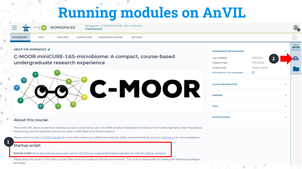 An image titled Running modules on AnVIL showing a C-MOOR workspace alongside a red box and arrow showing start up script line and Environment Configuration button.