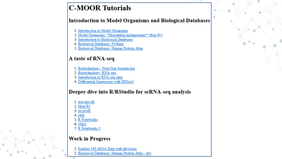 The list of C-MOOR tutorials - yours may be slightly different.