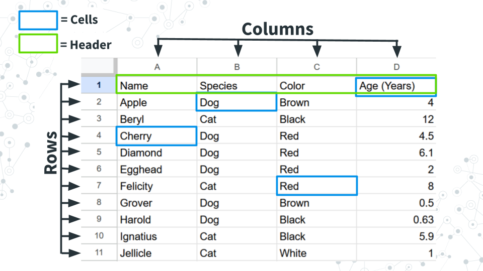 A figure showing a spreadsheet filled with data of different pets (cats and dogs). Arrows point toward columns, rows, and cells within the spreadsheet. Columns are vertical, rows are horizontal, and a cell is represented at the intersection of a column and row. The header is the first row, which are the names of the columns.