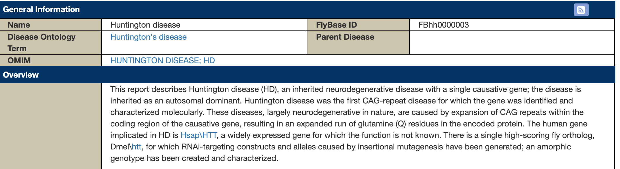 Screenshot of the top of the FlyBase page for the Huntington's Disease Human Disease Model. The page contains a table of information about the disease, including links to additional resources. The majority of the table is taken up by the 'Overview' section, which contains a description of the disease and a summary of how it is being investigated in Drosophila.