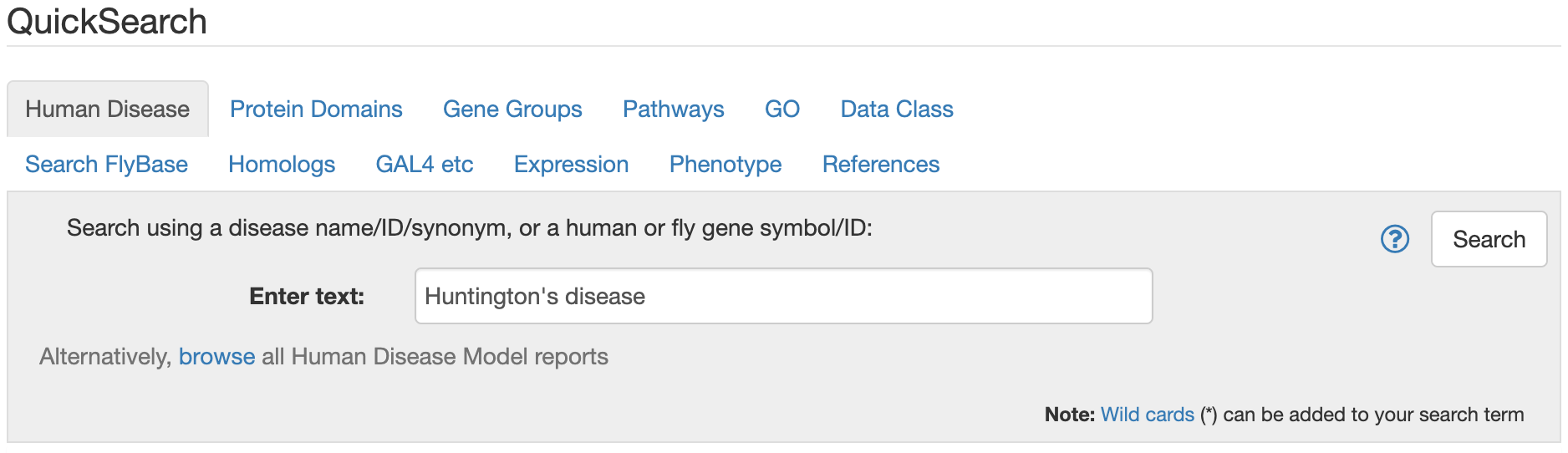 Screenshot of the QuickSearch tool on the FlyBase homepage. The tab labeled 'Human Disease' is selected, and the text 'Huntington's disease' has been entered in the searchbox.