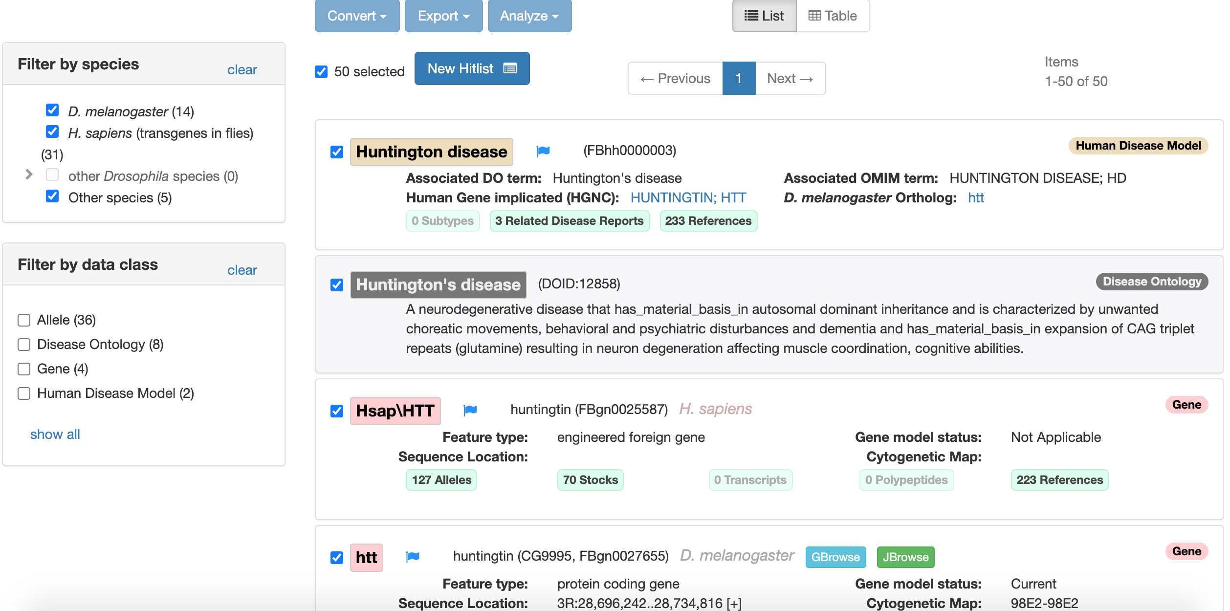 Screenshot of the search results for Huntington's disease on FlyBase.