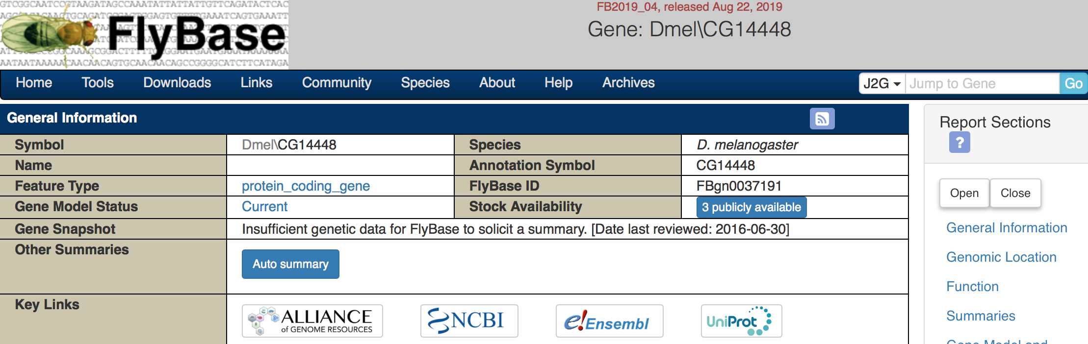 Screenshot of the top of the FlyBase page for the CG14448 gene. Several of the boxes in the summary table are blank, and the Gene Snapshot says ''Insufficient genetic data for FlyBase to solicit a summary.'