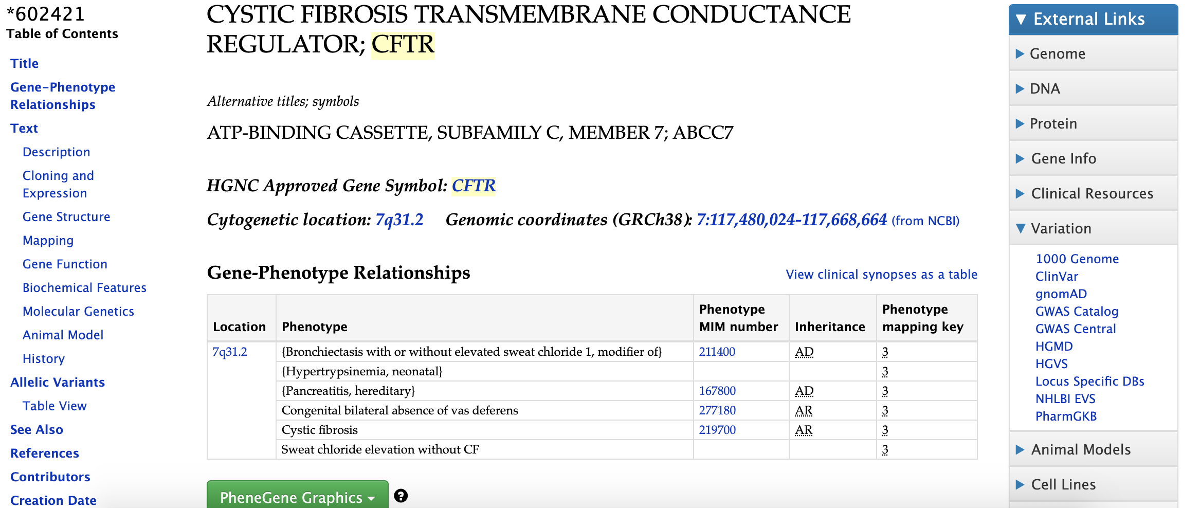 Screenshot of the top of the CFTR page from OMIM. The portion of the page shown contains a table of contents, a list of alternative names for the gene a table of phenotypes, and a collection of links to additional resources.