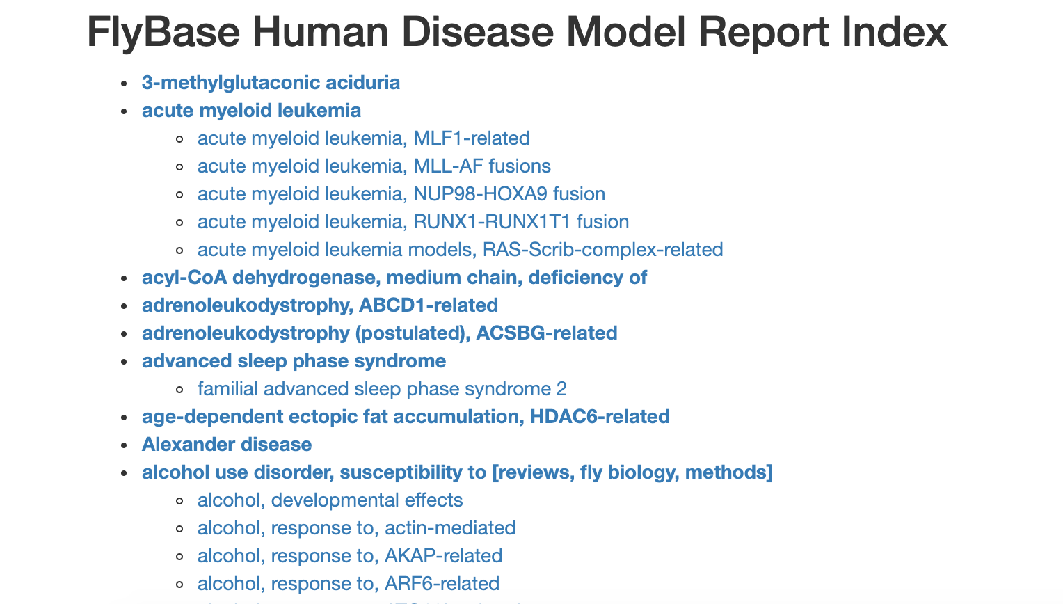 Screenshot of the FlyBase Disease model page
